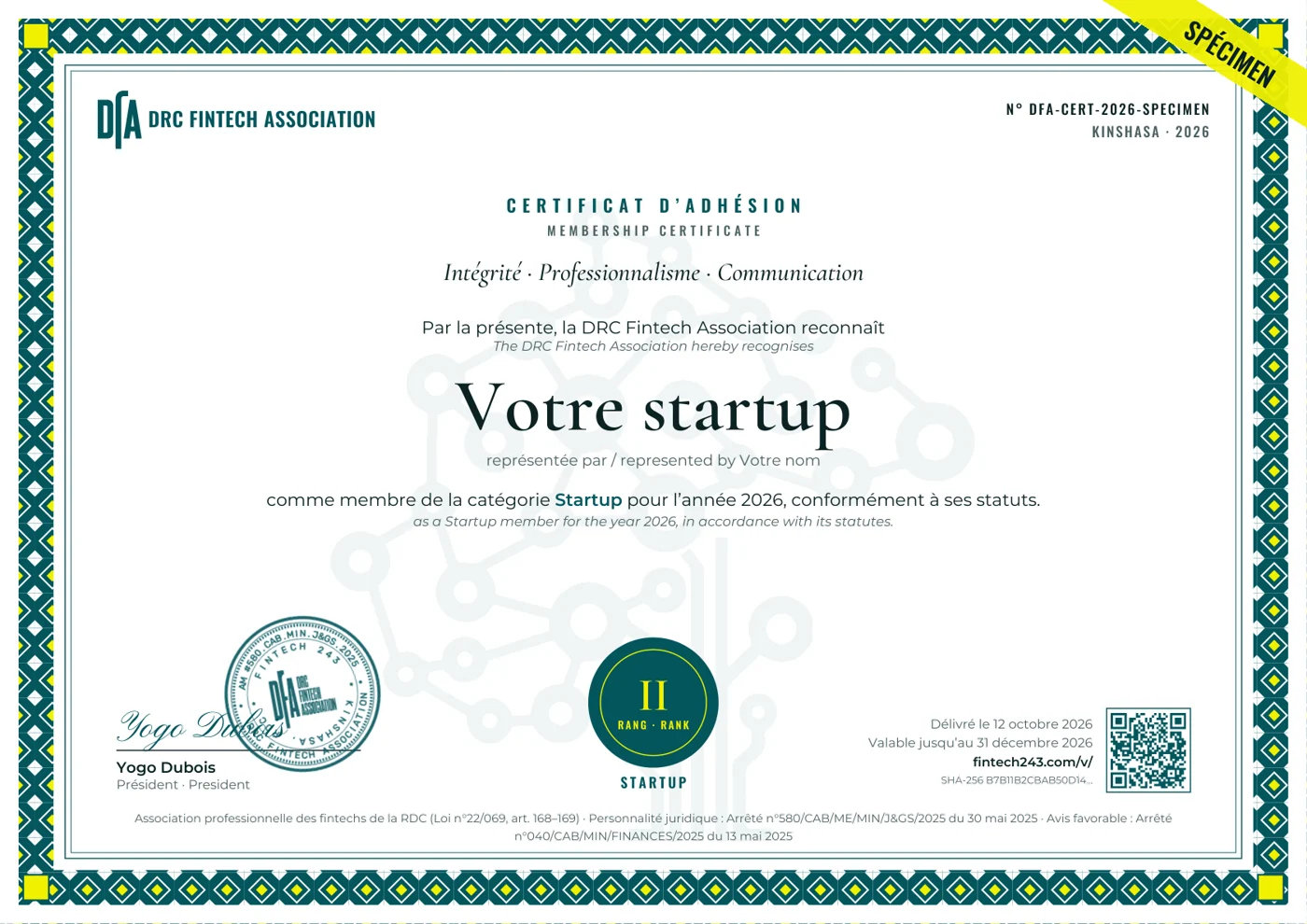 Spécimen du certificat DFA 2026, catégorie Startup