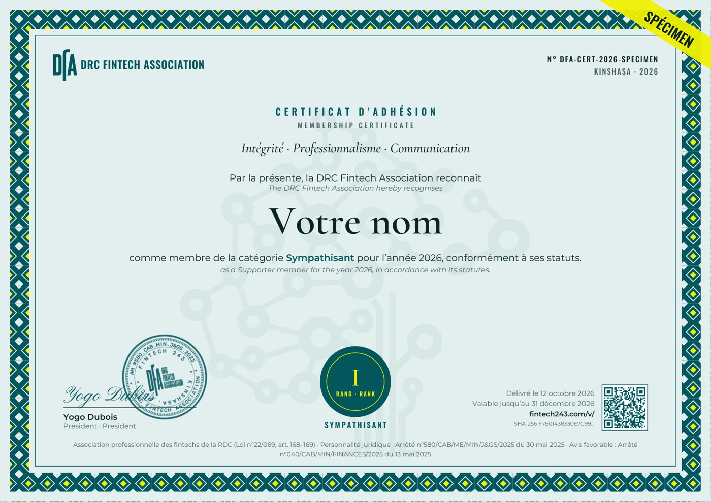 Spécimen du certificat d’adhésion DFA 2026, catégorie Sympathisant